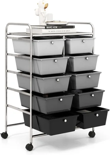 Vista 33 de GOFLAME Carrito de almacenamiento rodante de 9 cajones, carrito de utilidad móvil con cajones extraíbles y marco de metal, carrito organizador
