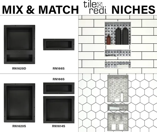 Vista 7 de Tile Redi USA Niche - Estante de ducha empotrable individual, negro, un estante interior, 16 pulgadas de ancho x 6 pulgadas de alto x 4 pulgadas