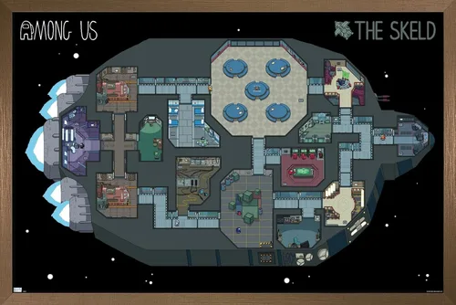 Vista 16 de Among Us - Póster de pared Skeld Map, 22.4 pulgadas de largo x 14.7 pulgadas de ancho, versión enmarcada de madera de granero