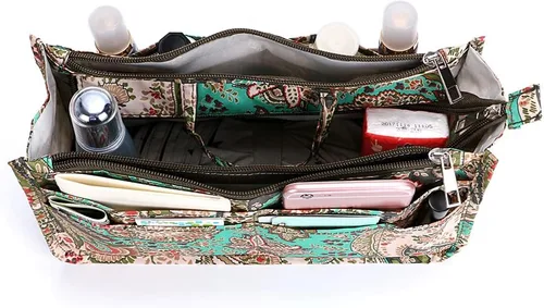 Vista 4 de BTSKY Organizador de bolso de mano de impresión dentro del bolso, alta capacidad, 13 bolsillos, organizador con asa, flor de pavo real