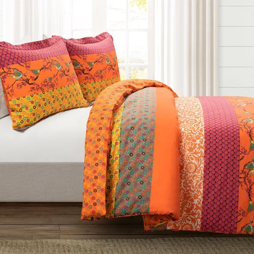 Vista 2 de Lush Decor Royal Empire - Juego de funda de edredón reversible de algodón, juego de 3 piezas Full/Queen, mandarina - Juego de ropa de cama a rayas