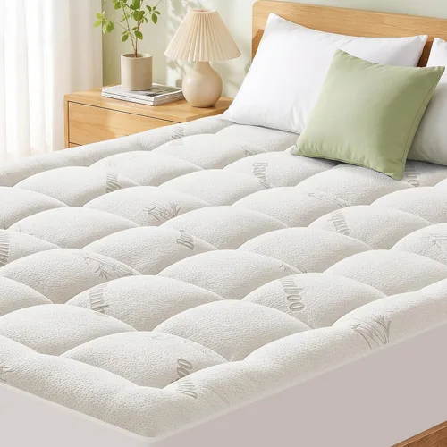 Vista 10 de Protector de colchón tamaño Queen, parte superior de almohada refrescante, viscosa ultra suave hecha de bambú, transpirable para personas que Verde