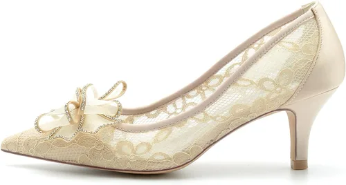 Vista 3 de HKMFLYY Zapatos de boda de encaje puntiagudo para mujer, zapatos de novia de tacón bajo, cómodos zapatos de novia con lazo, tacones de noche