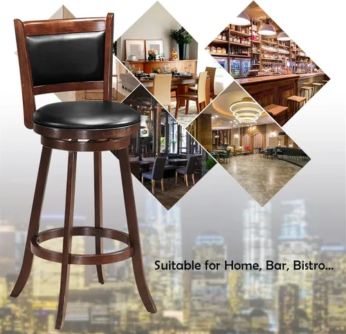 Vista 3 de Taburetes de bar altos de 29 pulgadas con respaldo y cojín de PVC, silla de comedor de madera, asiento tapizado, silla retro para sala de estar