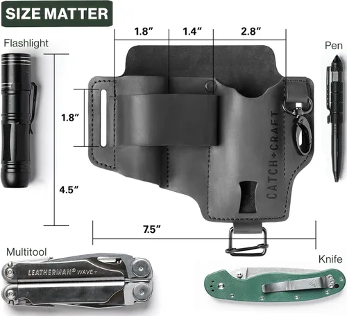 Vista 5 de Funda EDC multiherramienta para cinturón - Funda compacta para cuchillo y linterna para uso diario - Funda Leatherman para hombres - Organizador
