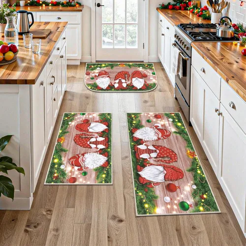 Vista 7 de Juego de 3 tapetes de cocina de Feliz Navidad, alfombras antideslizantes de cocina para invierno y fiestas navideñas Xmas, alfombra cómoda