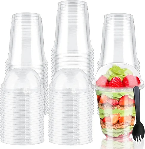 Vista 9 de Szsrcywd 50 Piezas Vasos de Plástico Transparente de 6 oz con Tapas de Cúpula, Vaso de Parfait Transparente, Vasos de Postre Desechables para Fruta