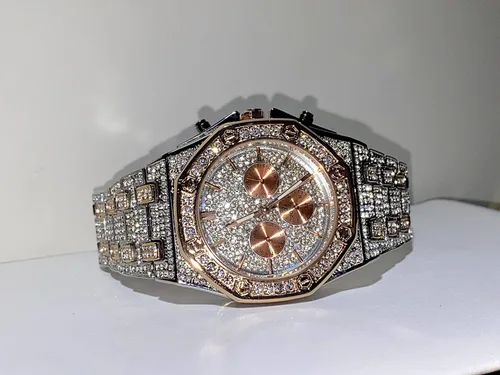 Vista 4 de Reloj de pulsera hexagonal con esfera dorada de 2 tonos para hombre y mujer, pulsera de lujo con diamantes de circonita cúbica, reloj de esfera