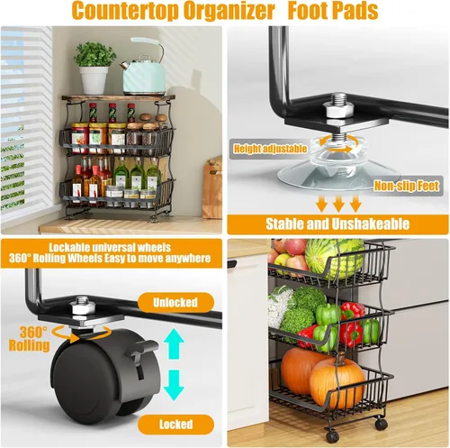 Vista 3 de Gsiekare Cesta de frutas y verduras para cocina, cestas de almacenamiento de 4 niveles apilables con ruedas, cestas organizadoras de almacenamiento