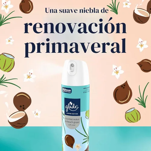 Vista 2 de Glade Odor Fighting Soft Mist Ambientador en aerosol, agua de coco y hierba de playa, 7.3 onzas, 6