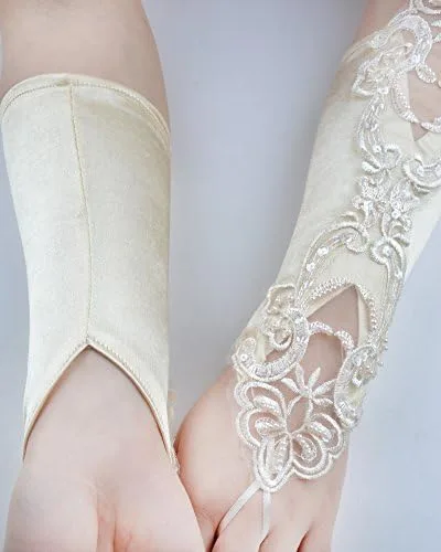 Vista 5 de JISEN Guantes de satén sin dedos de los años 20 para mujer, para banquete, fiesta, elegante, con encaje, bordados, para novia, 11 pulgadas