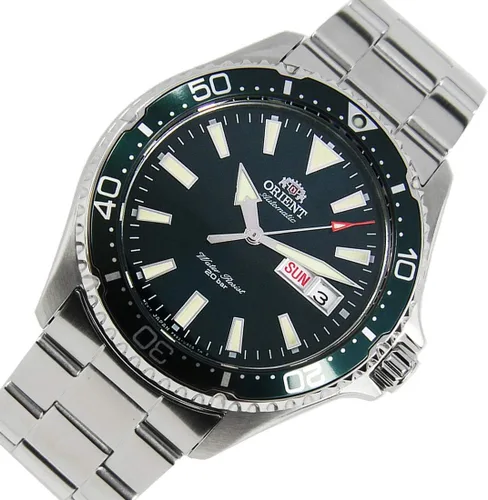 Vista 5 de Orient Reloj automático de 656.2 ft para hombre con esfera verde pulsera de acero RA-AA0004E, Verde, Moderno