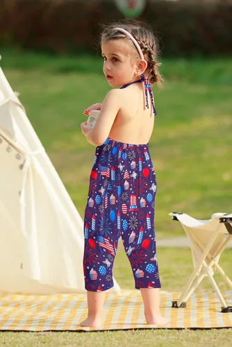 Vista 5 de RAISEVERN Mameluco sin espalda con cuello halter para bebés, ropa con bolsillo, talla 1-5T