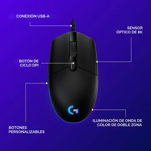 Vista 8 de Logitech G203 - Mouse para juegos con cable, 8,000 DPI, efecto óptico arcoíris LIGHTSYNC RGB, 6 botones programables, memoria integrada, mapeo
