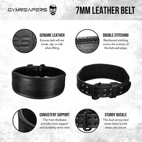 Vista 2 de Gymreapers - Cinturón de levantamiento de pesas - 7 mm de cuero profesional resistente con hebilla ajustable - Soporte estabilizador de la parte