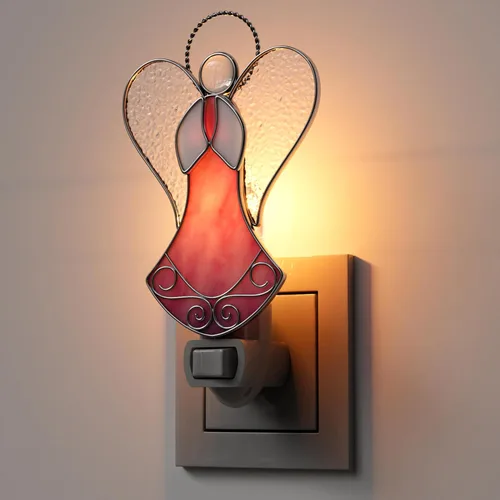 Vista 9 de Luz nocturna de ángel enchufable con vitrales rosados, plateados, cromados, enchufables a la pared, para decoración de enchufe de pared, luces