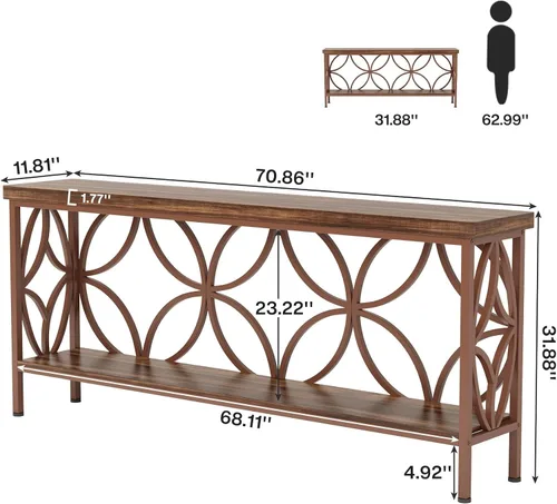Vista 2 de Tribesigns - Mesa de sofá estrecha de 70.9 pulgadas, mesa de sofá larga industrial detrás del sofá, mesa consola de entrada con almacenamiento