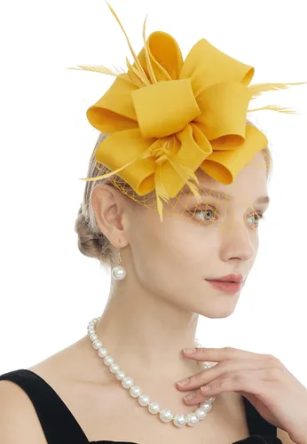 Vista 2 de Myjoyday Tocado para mujer, para fiesta de té, iglesia, cóctel, plumas, velo, diadema con clip para el cabello