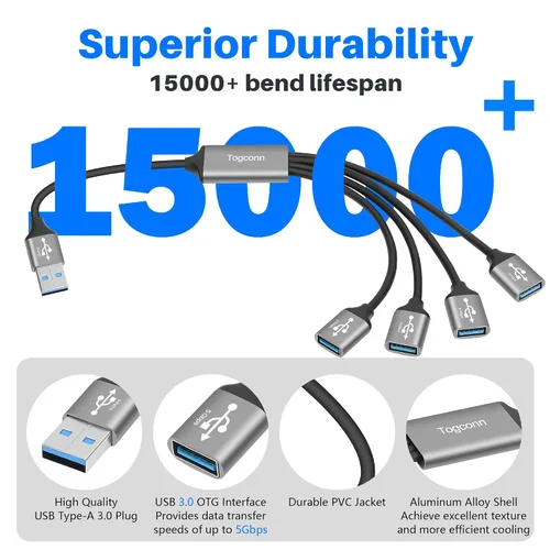 Vista 2 de Divisor USB 3.0 de 1 en 4 salidas Cable adaptador Y de 1 pie, cable de extensión USB-A 3.0 macho de 5 Gbps a cuatro 4 hembras, 4 USB tipo A