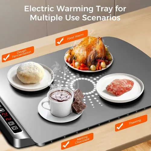 Vista 5 de Tapete de calentamiento para alimentos, bandeja de calentamiento eléctrica con 5 niveles de temperatura ajustable y temporizador, alfombrilla