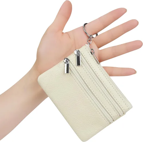 Vista 7 de Porta Monedas de Cuero Genuino para Mujer de Cynure, Mini Monedero con Llavero Beige