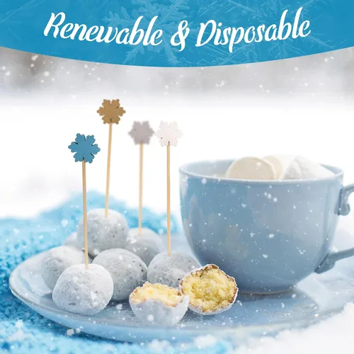 Vista 6 de BambooMN - Pinchos de bambú con copos de nieve para aperitivos y postres y cócteles - 3.9" (10 cm) - Azul, Blanco, Oro, Plata - 100 piezas
