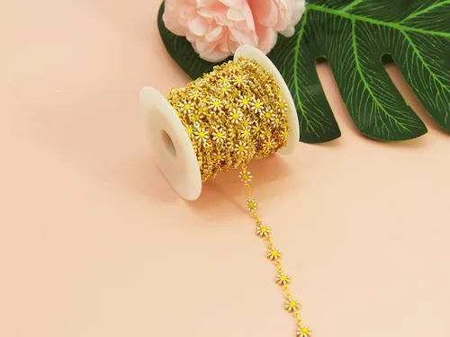 Vista 4 de Cadena de eslabones de girasol esmaltada hecha a mano con fornituras de latón chapado en oro para hacer joyas, máscara de vidrio, zapatos, Cc02