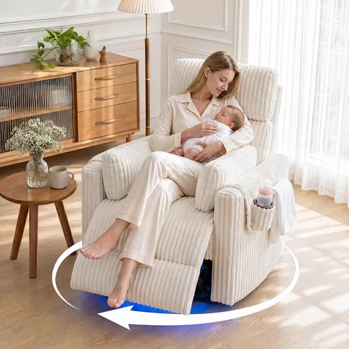 Vista 12 de SAMERY Silla reclinable giratoria eléctrica con reposacabezas ajustable, silla reclinable mecedora extra ancha con 2 almohadas/portavasos/USB/LED