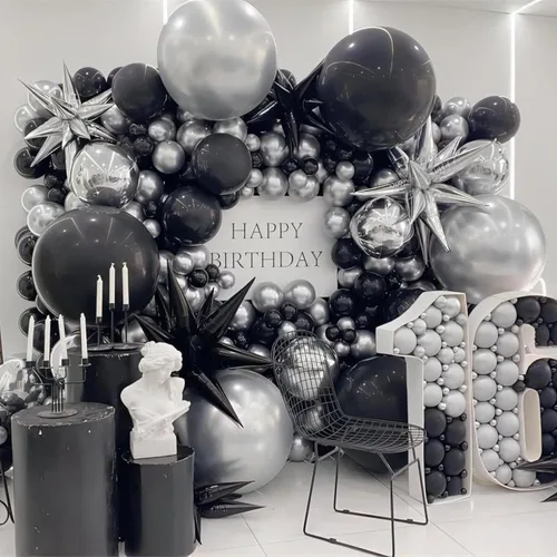 Vista 2 de Globos de estrella negra, 12 unidades, globos de explosión de estrella de aluminio de 27/22 pulgadas, globo de cono de Mylar de espiga grande