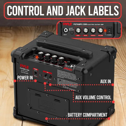Vista 4 de Pyle Amplificador portátil de guitarra eléctrica, batería o pared, 10 vatios, mini amplificador de instrumento con altavoz de alta definición de 5