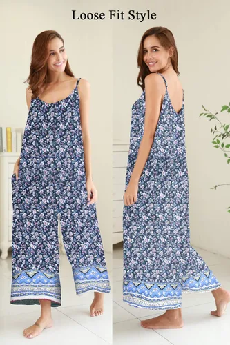 Vista 2 de BUENOS NINOS - Vestido largo de estilo bohemio, estampado floral y cuello en V, para mujer, vestido de estilo étnico con tirantes delgados