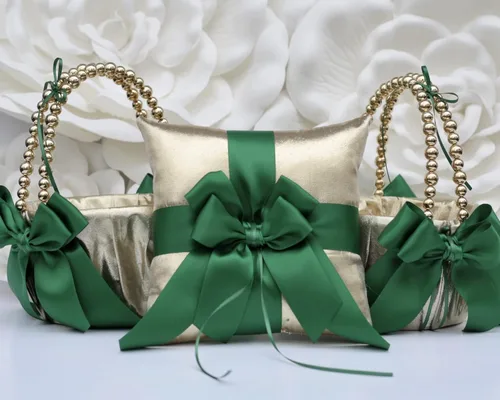 Vista 3 de Una cesta de niña de las flores solamente, cesta de boda con mango de perlas, cesta dorada y verde