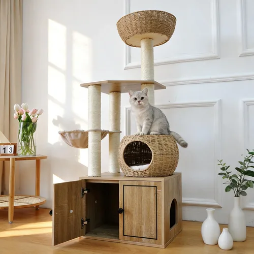 Vista 3 de Árbol de ratán de 56.7 pulgadas de alto para gatos de interior, torre de madera para gatos de varios niveles con postes rascadores, muebles
