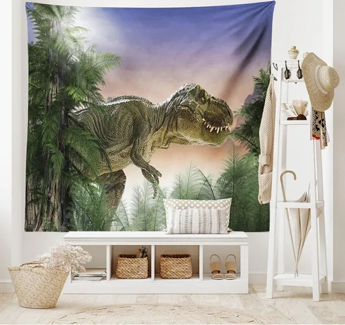 Vista 2 de Ambesonne Tapiz jurásico, dinosaurio en la selva, bosque, naturaleza, bosque, violencia depredadora aterradora, colgante de pared ancho