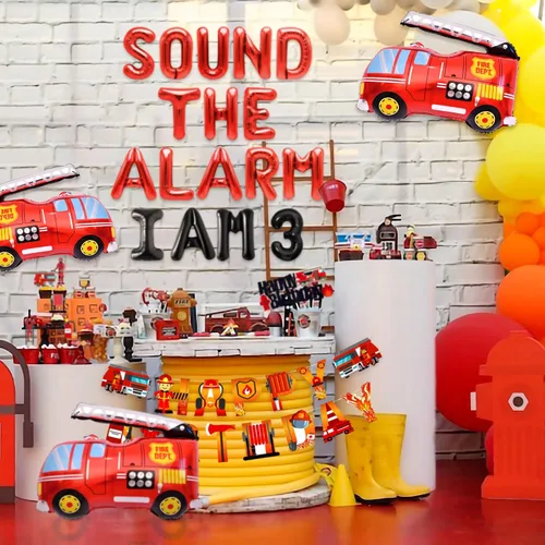 Vista 4 de LaVenty Sound The Alarm I am 3 - Globos de cumpleaños para decoración de camión de bomberos de tercer cumpleaños, globos de bomberos, decoración