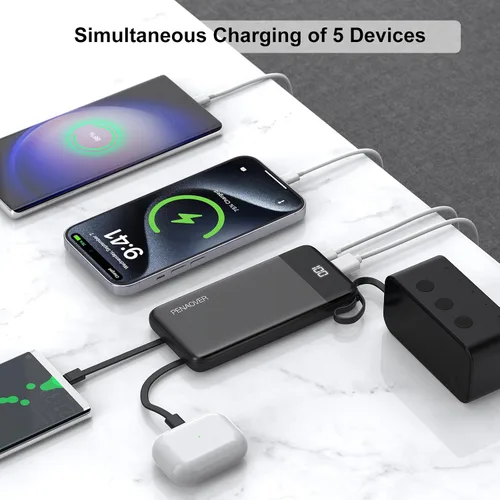 Vista 4 de penaover Cargador Portátil 10000mAh Power Bank con Cable Incorporado, 5 Salidas 2 Entradas Esencial de Viaje Paquete de Batería Externa con Pantalla