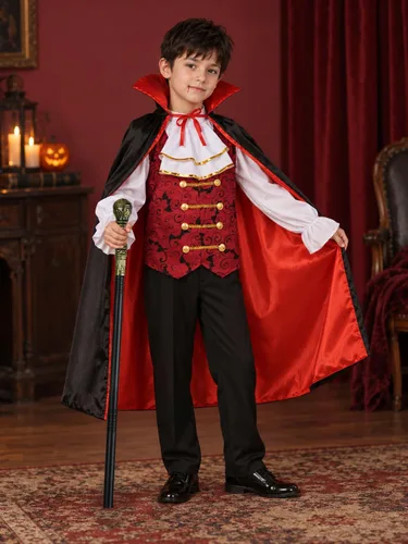 Vista 3 de Disfraz de vampiro para niños, con capa de vampiro y cetro, disfraz gótico de vampiro real para niños, Halloween