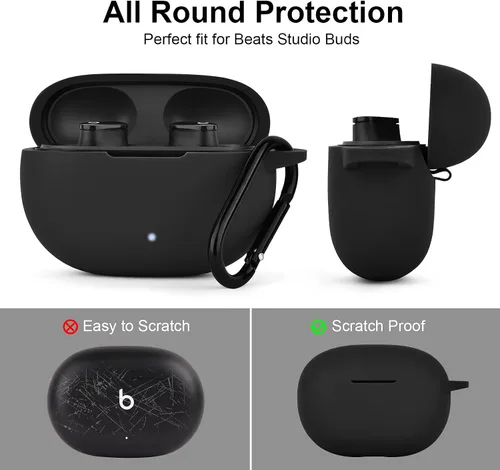 Vista 4 de Funda de silicona AIRSPO Compatible con Beats Studio Buds Case 2021 Funda protectora suave para auriculares inalámbricos Beats con llavero (Negro)