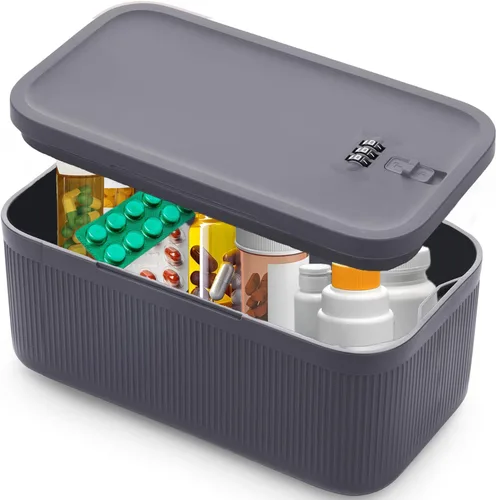Vista 9 de Caja de bloqueo de medicina pequeña con código para aperitivos, medicamentos, almacenamiento de teléfono móvil, caja de bloqueo de teléfono Crema