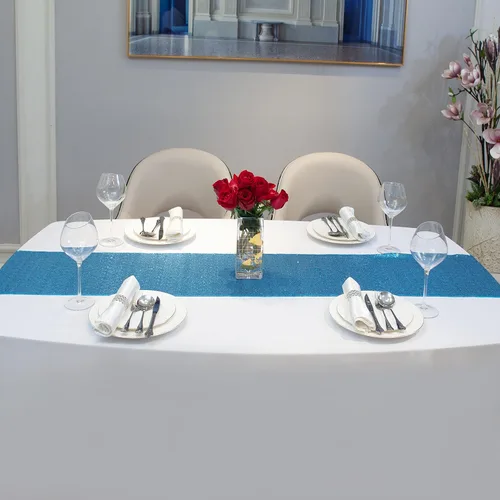 Vista 4 de Camino de mesa con lentejuelas turquesas, 12 x 108 pulgadas con brillantina, regalo para empaquetado de mesa para fiesta, boda, despedida