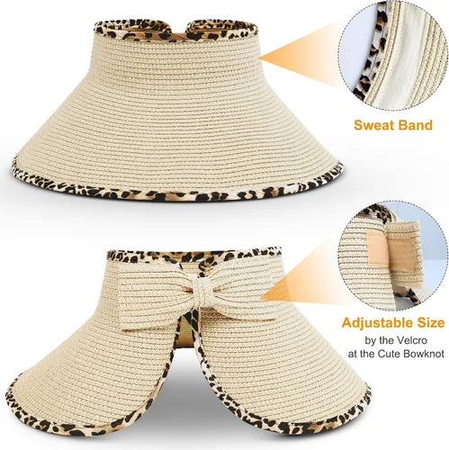 Vista 2 de Sombrero de paja con protección UV, visera de playa, sombrero de ala ancha, estampado de leopardo, enrollable, plegable para mujer