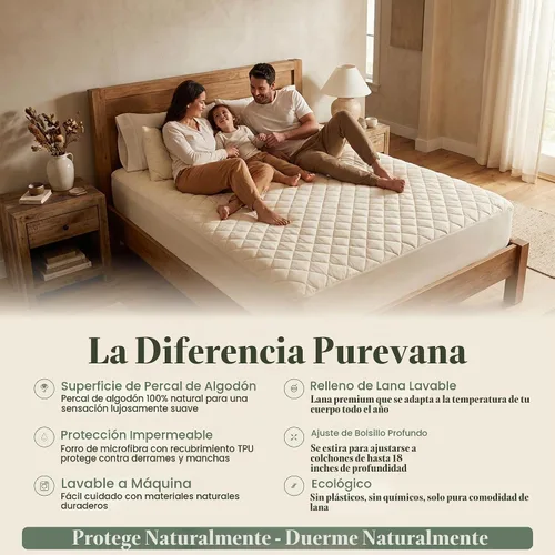 Vista 3 de Protector de colchón impermeable con relleno de lana lavable, parte superior de algodón natural, transpirable, regulador de temperatura, absorbe