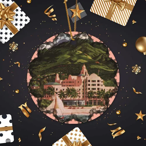 Vista 6 de Adorno de cerámica colgante para árbol de Navidad, adorno de Navidad de hotel hawaiano real, adorno de Navidad, recuerdo, decoraciones navideñas