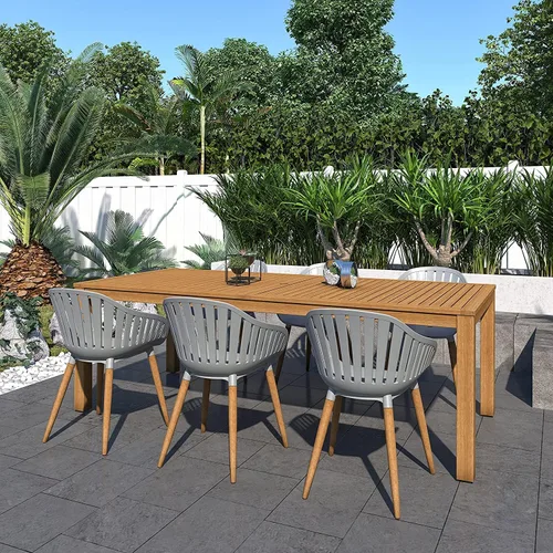 Vista 10 de Brampton Patio Brampton Venice - Juego de comedor rectangular de 7 piezas, acabado de teca oscura y sillas grises, ideal para patio y exteriores