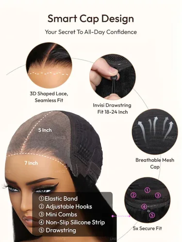 Vista 5 de UNICE Peluca de Cabello Humano Black Cherry Loose Wave Bye Bye Knots con Encaje Frontal de 7x5 con Cordón, con Flequillo Enmarcador del Rostro, Pre