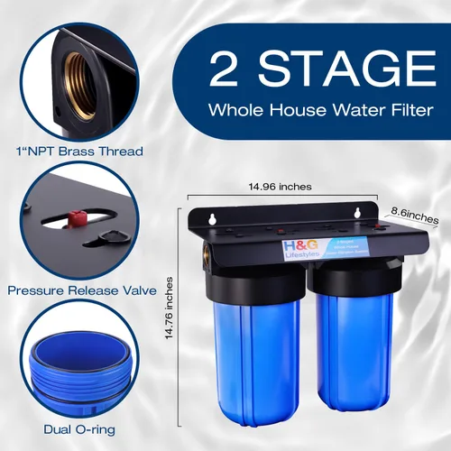 Vista 3 de H&G Lifestyles Sistema de filtración de agua de 2 etapas para toda la casa, filtro GAC KDF 58 y filtro de algodón PP, olor a cloro, eliminación