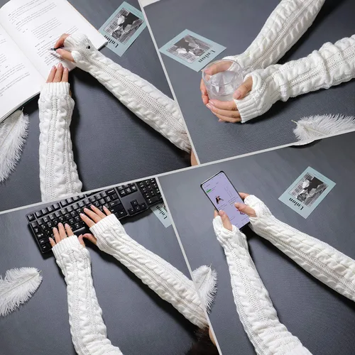 Vista 18 de Bellady Guantes de invierno para mujer, cálidos sobre el codo, guantes largos sin dedos con agujero para el pulgar, guantes de punto para calentar
