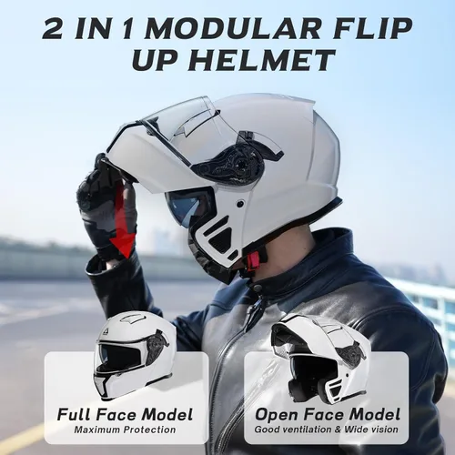 Vista 2 de TRIANGLE Cascos de motocicleta modulares para hombres con visera completa abatible, visera doble con protector solar interno, aprobado por DOT