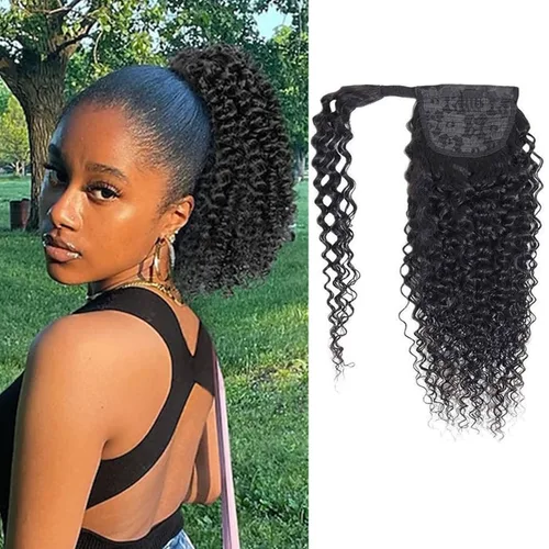 Vista 18 de Cola de Caballo de Cabello Humano Corto Rizado Crespo Envolvente con Clips Extensiones de Cola de Caballo de Pasta Mágica 120g/juego Pieza