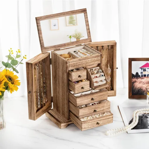 Vista 2 de Yoimori - Joyero para mujer, cajas de joyería y organizadores de madera rústica con espejo y cajones, organizador de joyería de 6 niveles
